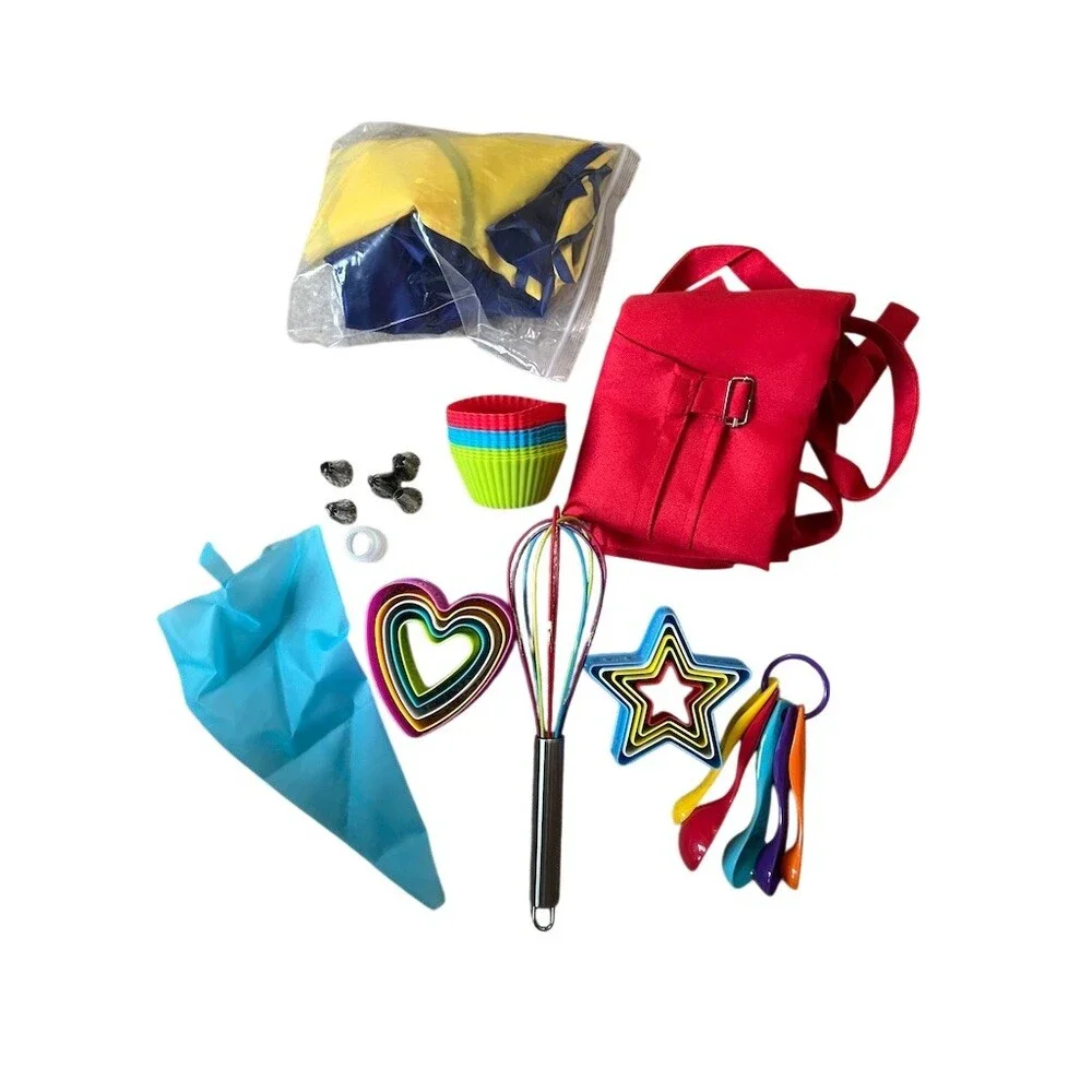 Kids Baking & Cooking Pretend Play Set Red Apron Chef Hat Whisk & Tools